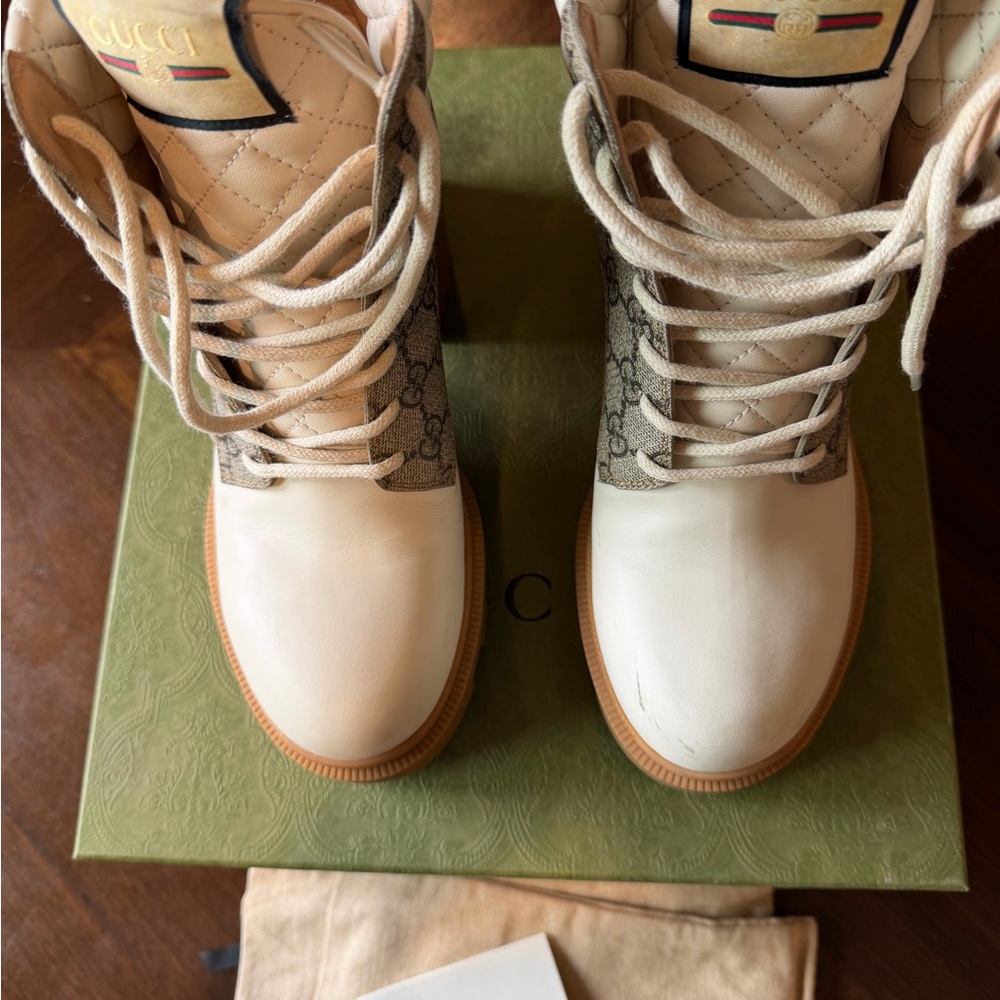 Gucci Apollo White Leather & Beige GG Canvas Platform Lug Lace-Up Boot - Picture 4 of 9